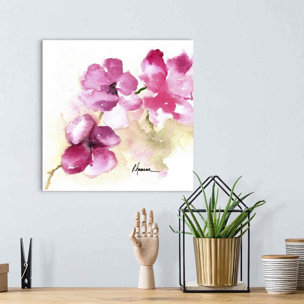 A bohemian room featuring Watercolor painting of delicate pink posy flowers.