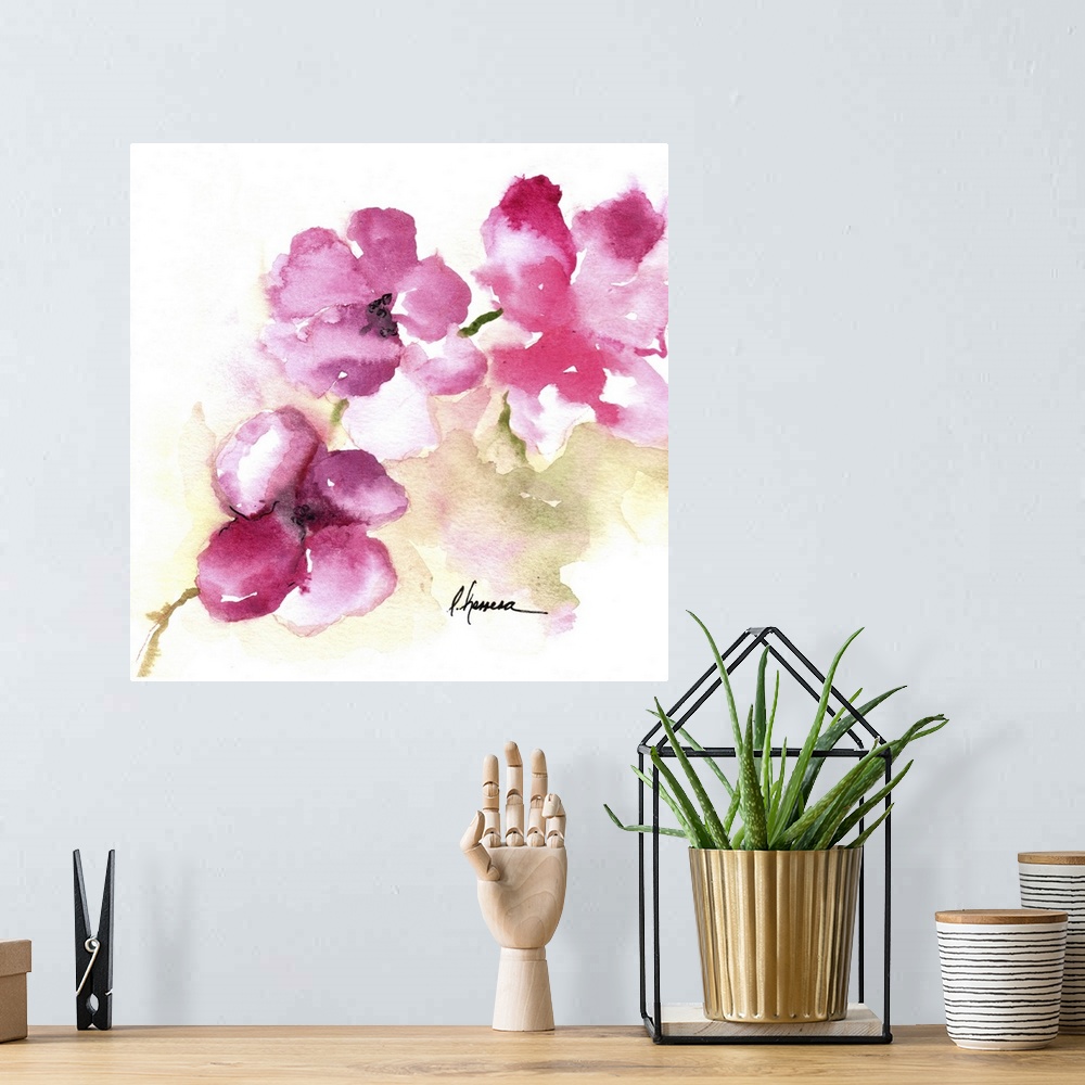 A bohemian room featuring Watercolor painting of delicate pink posy flowers.