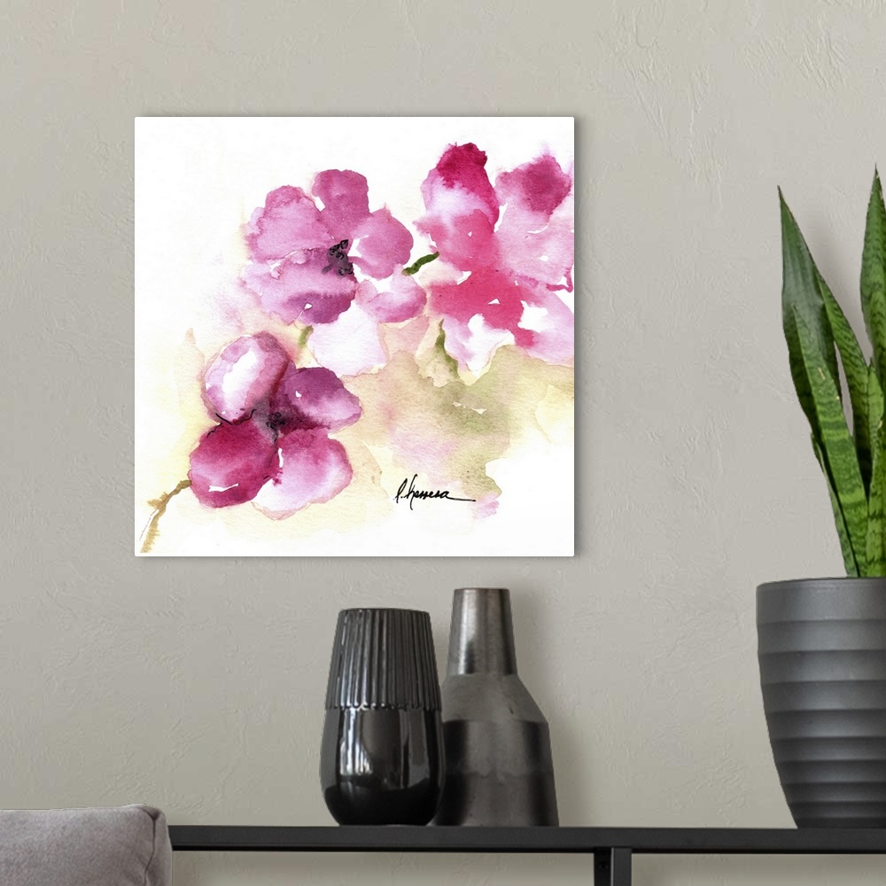A modern room featuring Watercolor painting of delicate pink posy flowers.