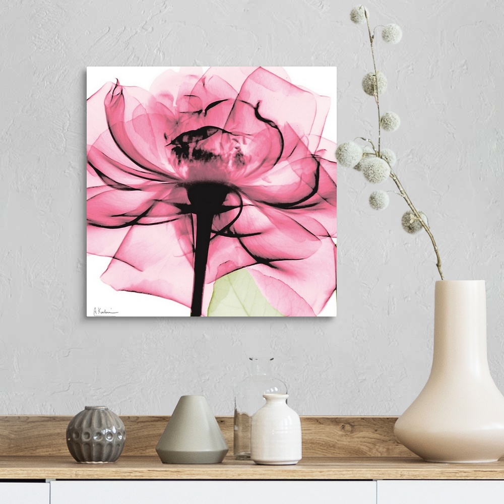 A farmhouse room featuring Photo on a square canvas of a translucent view of a rose.