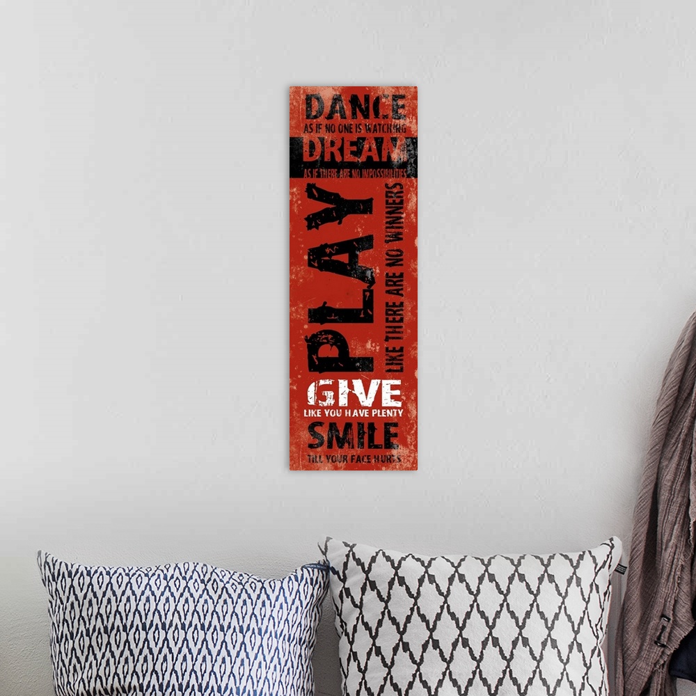 A bohemian room featuring Typography art quote in a weathered, grungy style, as if to have an urban look to it. With text i...