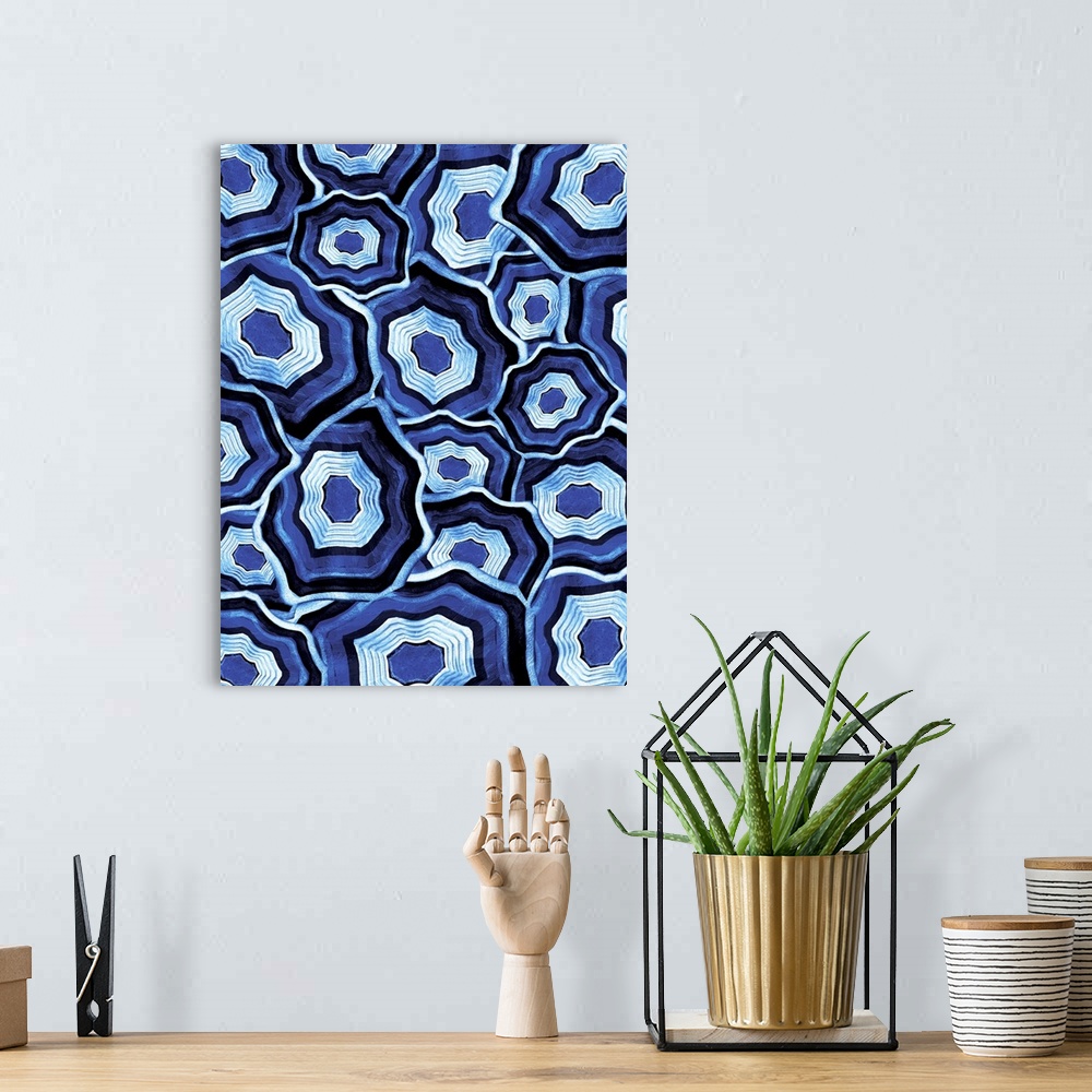 A bohemian room featuring Several deep blue agate cross sections overlapping.