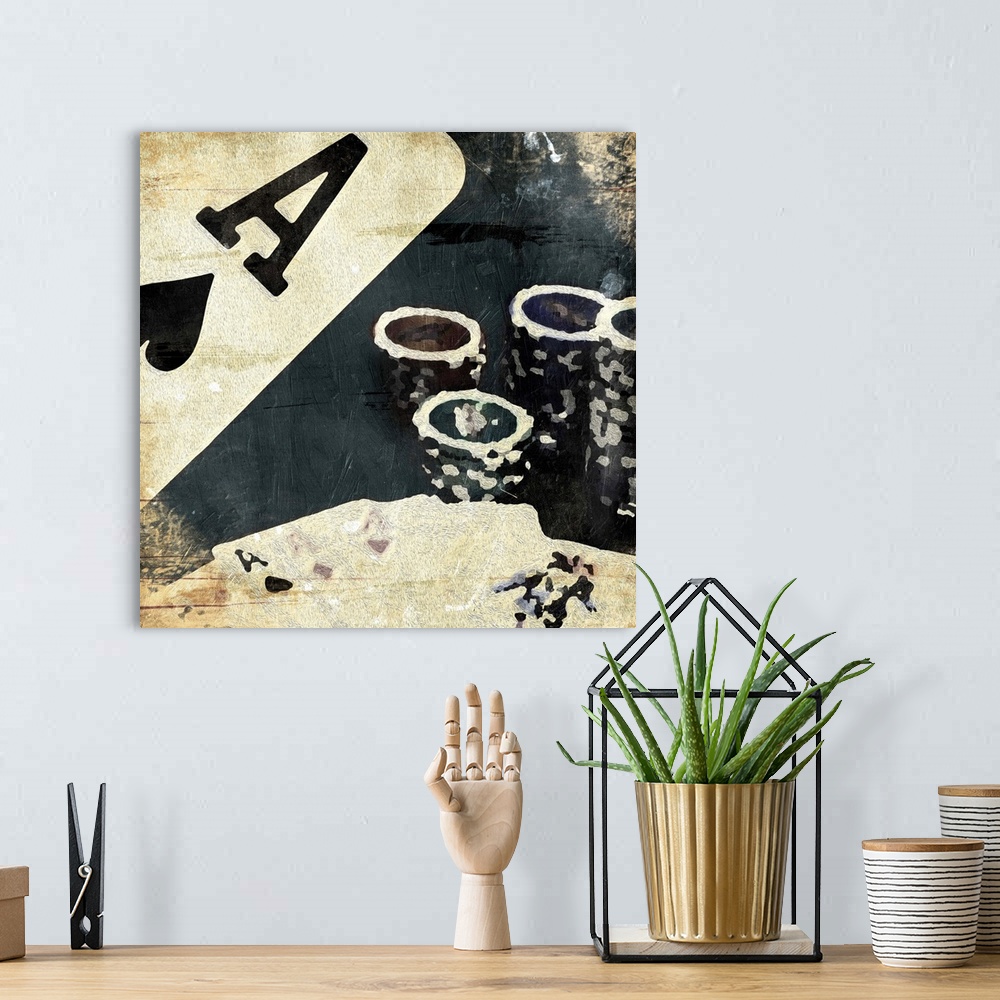 A bohemian room featuring Poker chips and playing cards in an abstract, vintage style.