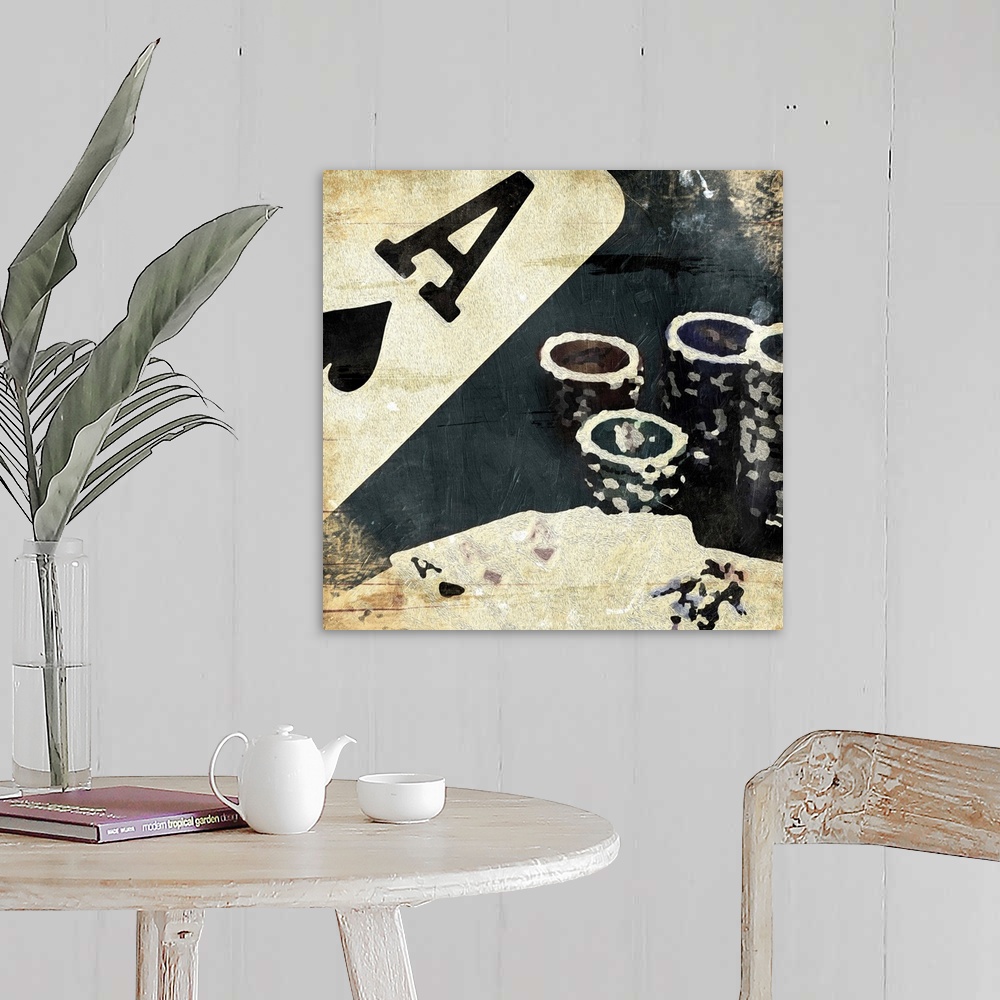 A farmhouse room featuring Poker chips and playing cards in an abstract, vintage style.