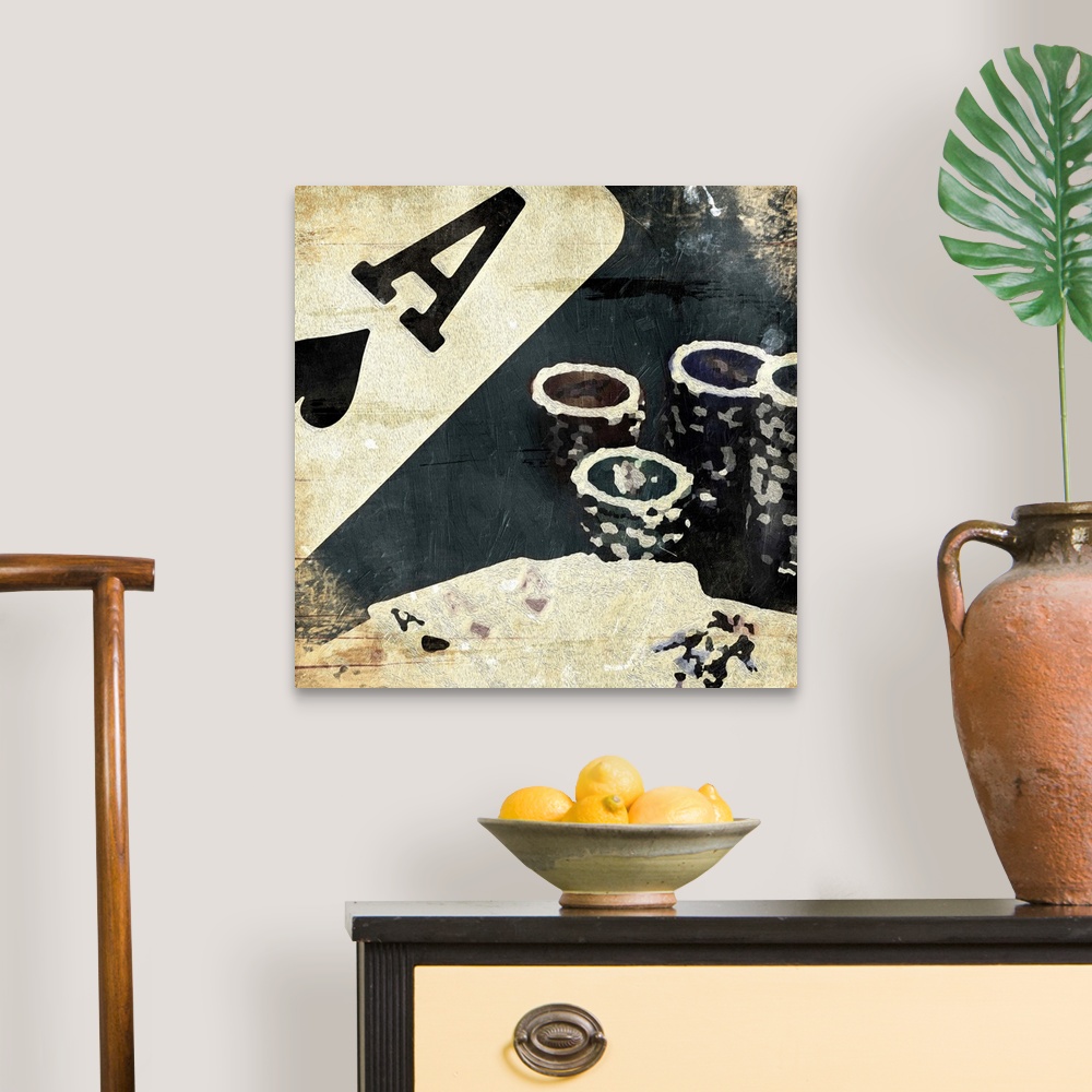 A traditional room featuring Poker chips and playing cards in an abstract, vintage style.