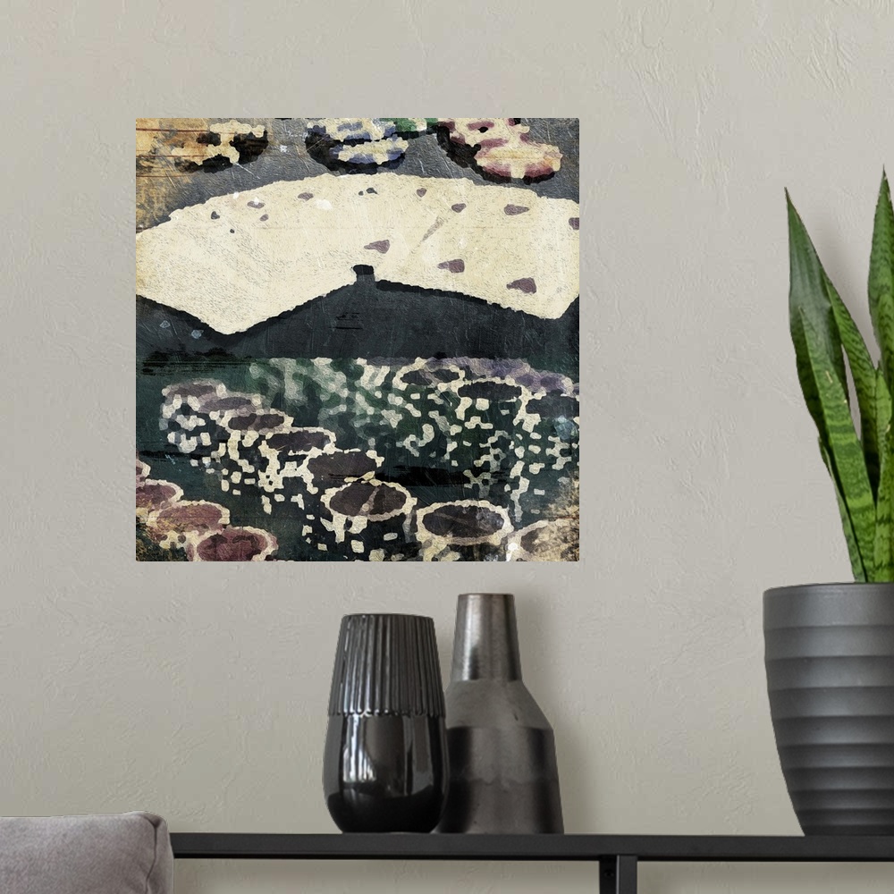 A modern room featuring Poker chips and playing cards in an abstract, vintage style.