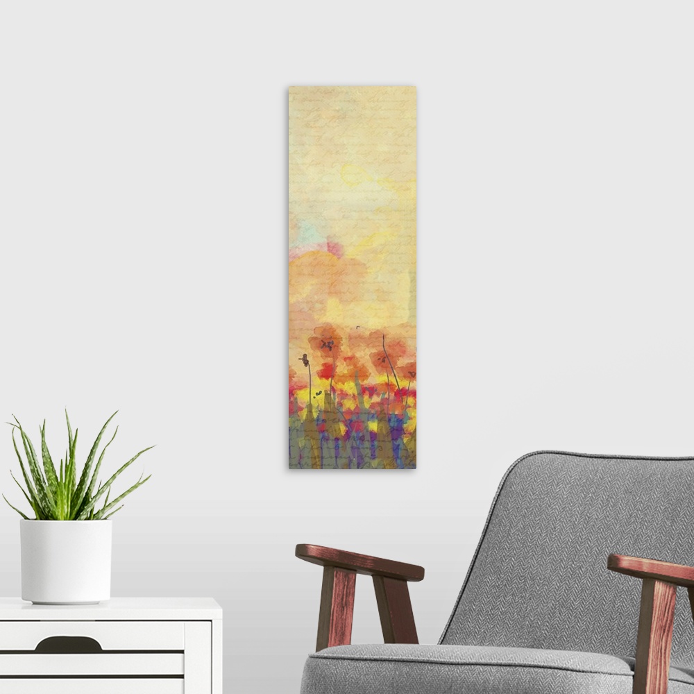 A modern room featuring Vertical art panel with red and yellow poppies at the base.
