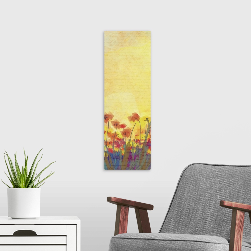 A modern room featuring Vertical art panel with red and yellow poppies at the base.
