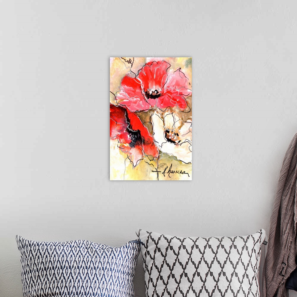 A bohemian room featuring Red and white poppies in watercolor with ink outlines.
