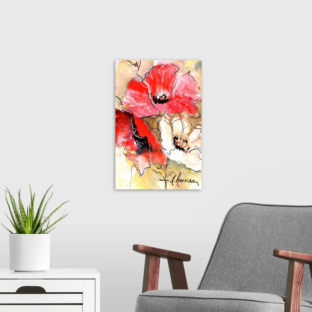 A modern room featuring Red and white poppies in watercolor with ink outlines.