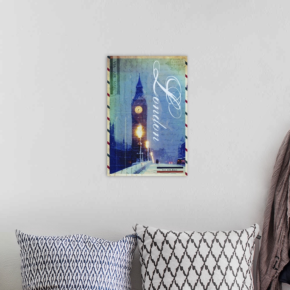A bohemian room featuring Contemporary London postcard artwork with the Big Ben clock tower on the face of the card.
