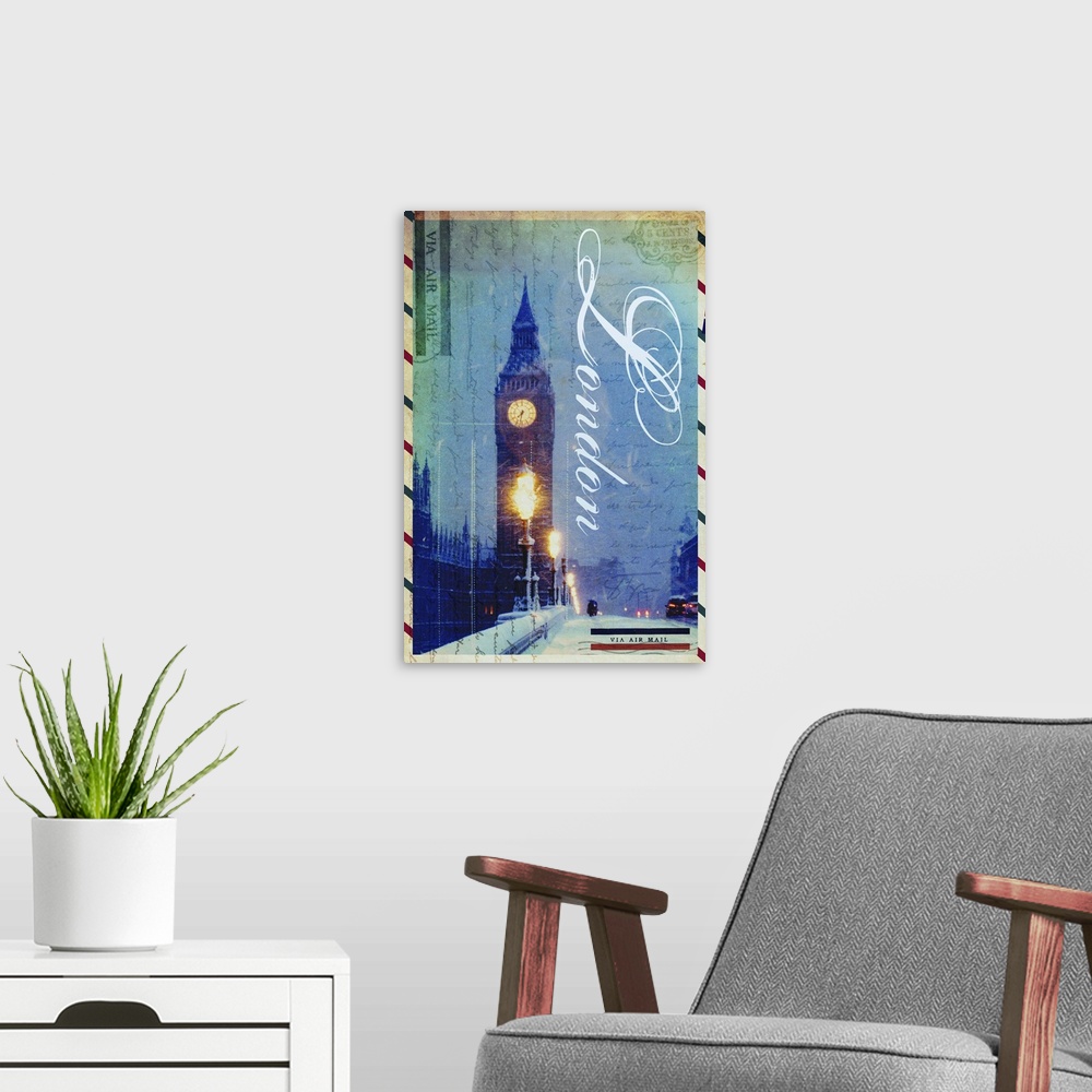 A modern room featuring Contemporary London postcard artwork with the Big Ben clock tower on the face of the card.