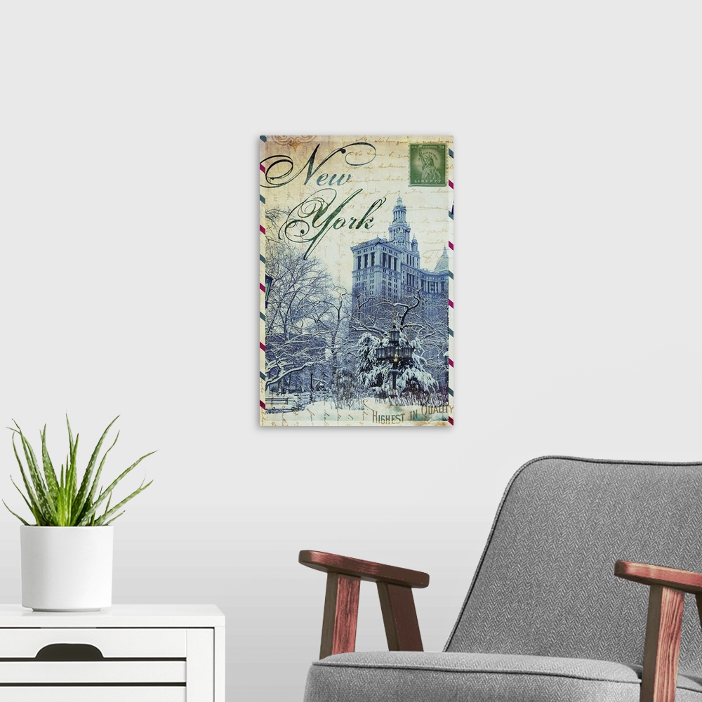 A modern room featuring Contemporary New York postcard artwork.