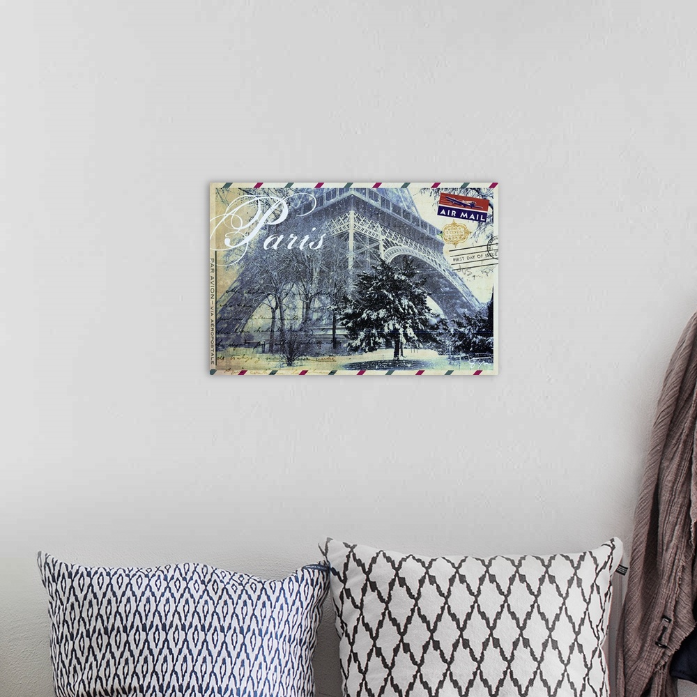 A bohemian room featuring Contemporary Paris postcard artwork with the Eiffel tower on the face of the card.
