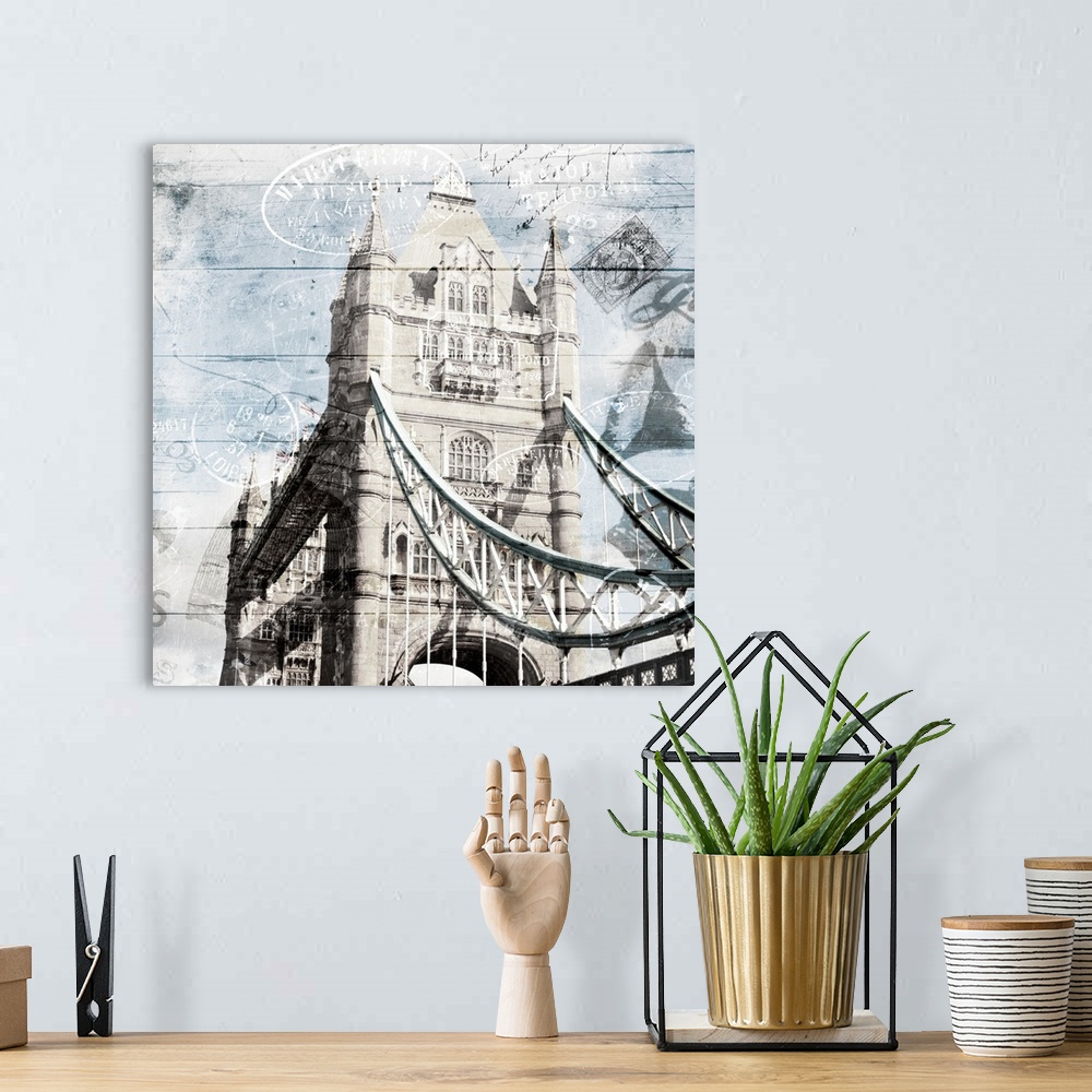 A bohemian room featuring Square photograph of part of Tower Bridge in London, England with a faint wood panel and postage ...