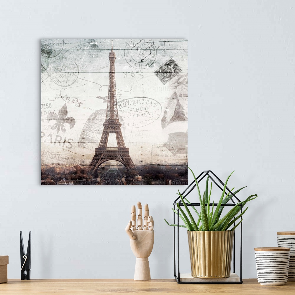 A bohemian room featuring Square photograph of the Eiffel Tower with a Paris cityscape underneath and a faint wood panel an...