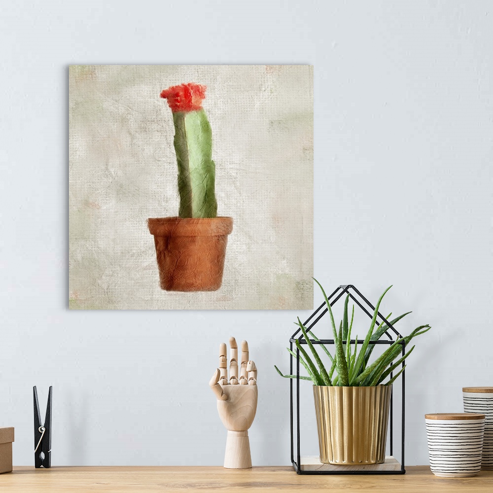 A bohemian room featuring A textured painting of a potted cactus with a flower blooming at the top.
