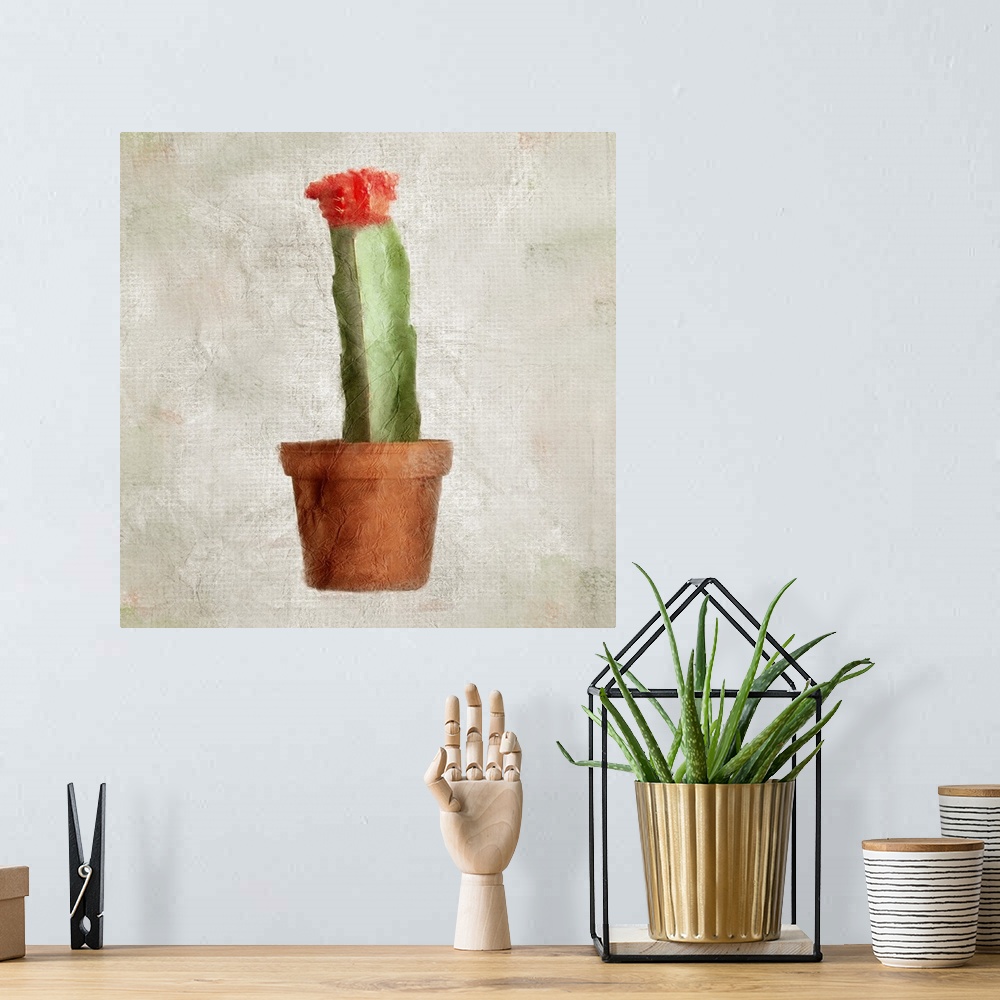 A bohemian room featuring A textured painting of a potted cactus with a flower blooming at the top.