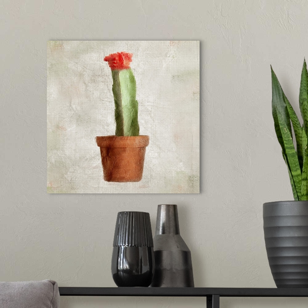 A modern room featuring A textured painting of a potted cactus with a flower blooming at the top.