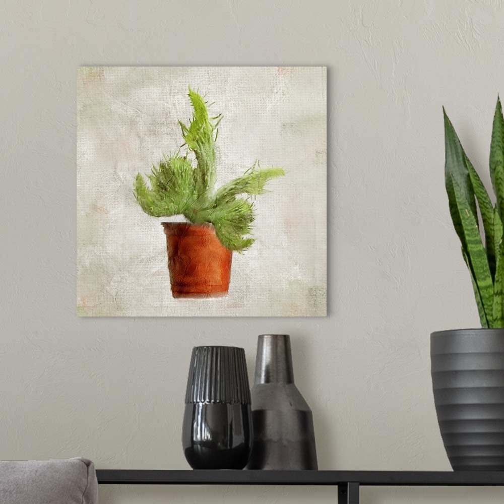 A modern room featuring A textured painting of a potted cactus.