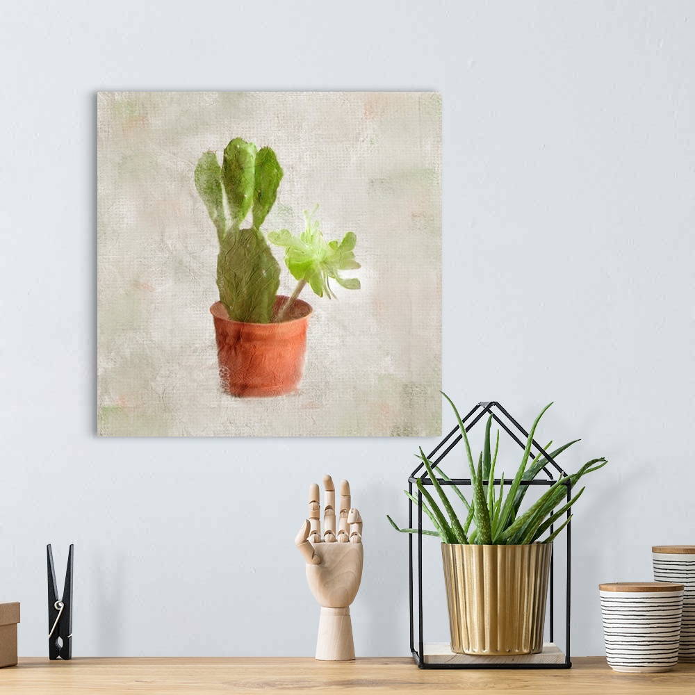 A bohemian room featuring A textured painting of a potted cactus.