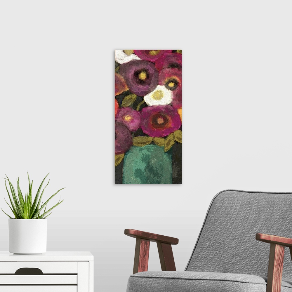 A modern room featuring A contemporary painting of a flower arrangement that has pink, purple and orange flowers set in a...