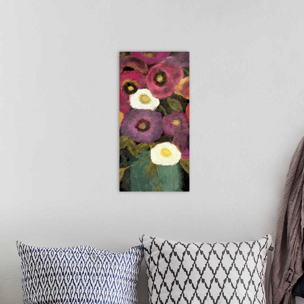 A bohemian room featuring A contemporary painting of a flower arrangement that has pink, purple and orange flowers set in a...