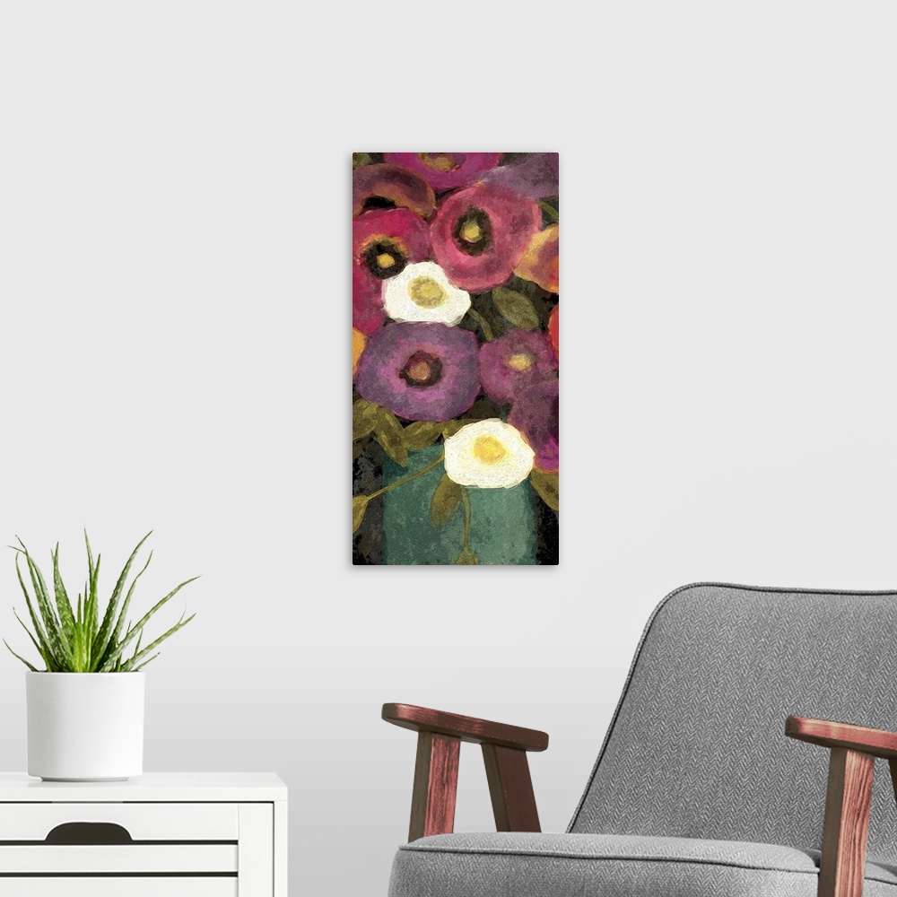 A modern room featuring A contemporary painting of a flower arrangement that has pink, purple and orange flowers set in a...