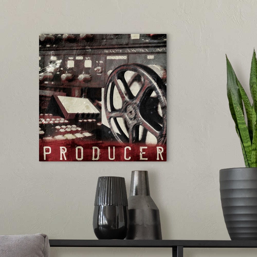 A modern room featuring A vintage square theater art piece with the word ?Producer? at painted the bottom.�