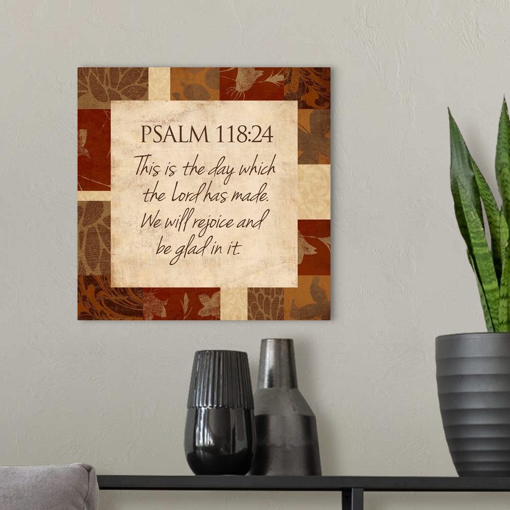 A modern room featuring Typographical scripture art with a border make up of different patterns and foliage.