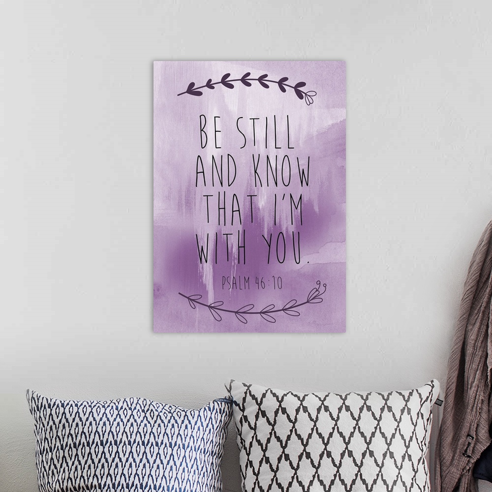 A bohemian room featuring Bible verse with a simple laurel motif over a lavender watercolor wash.