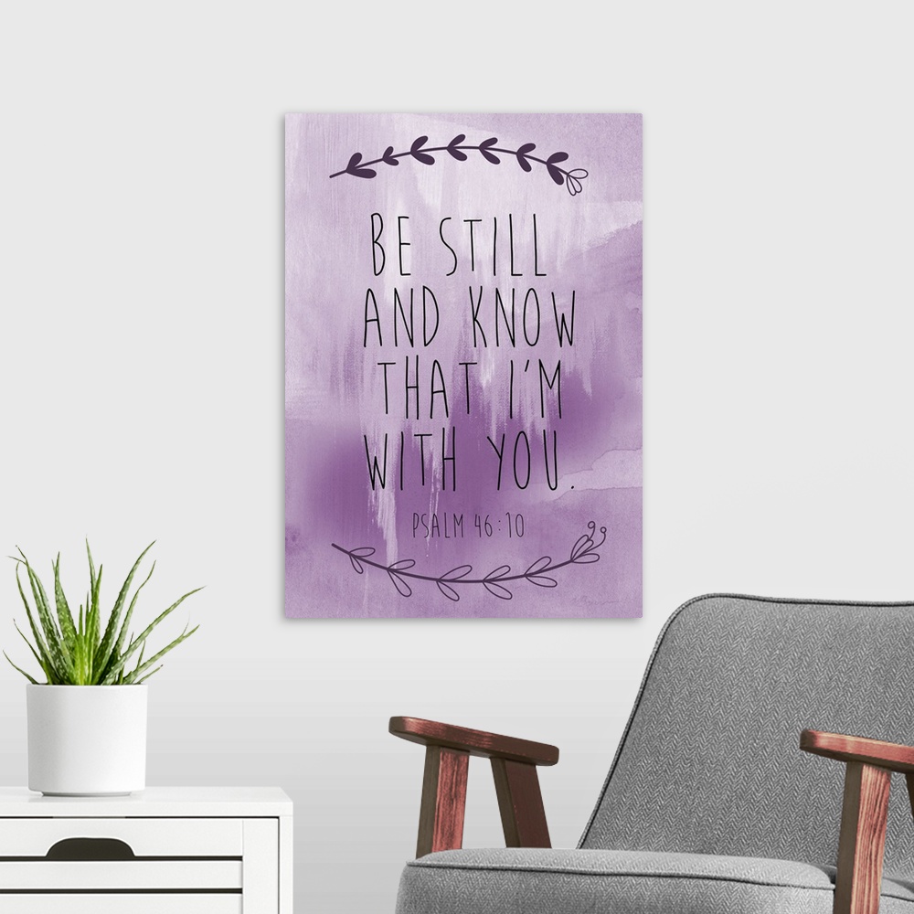 A modern room featuring Bible verse with a simple laurel motif over a lavender watercolor wash.