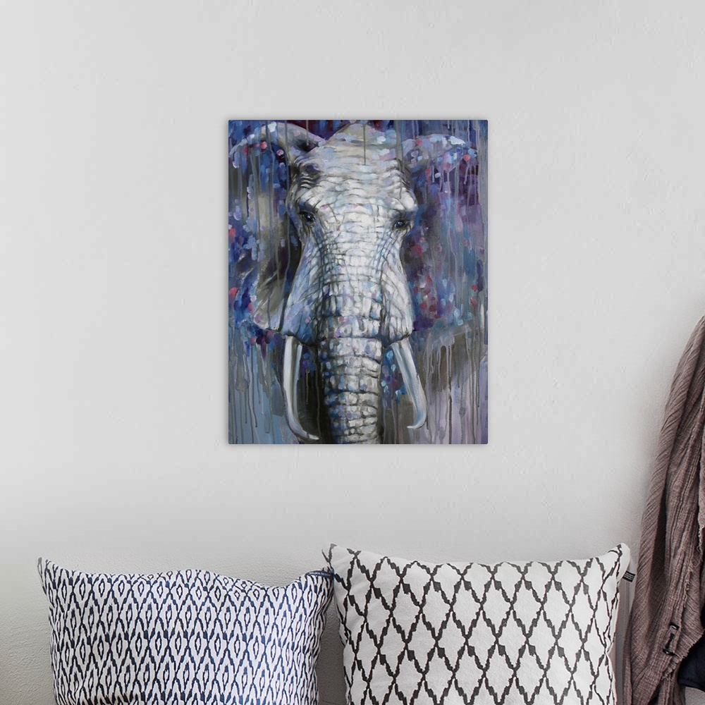 A bohemian room featuring Contemporary painting of an African elephant surrounded by dark colors.