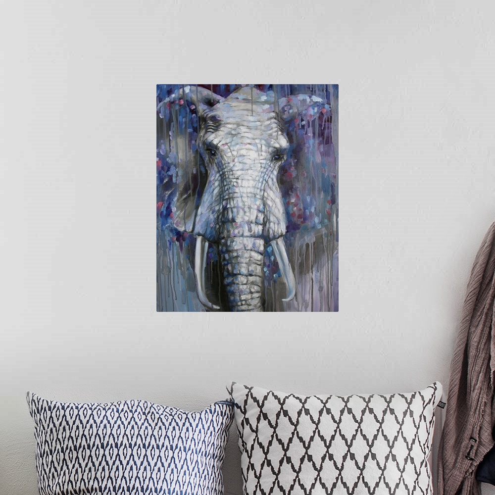 A bohemian room featuring Contemporary painting of an African elephant surrounded by dark colors.
