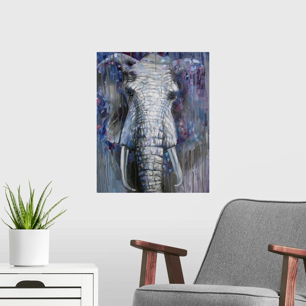 A modern room featuring Contemporary painting of an African elephant surrounded by dark colors.