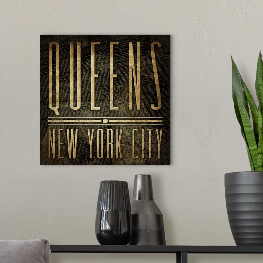 A modern room featuring Typographical travel art with the text "Queens, New York City" in a rustic, weathered look.