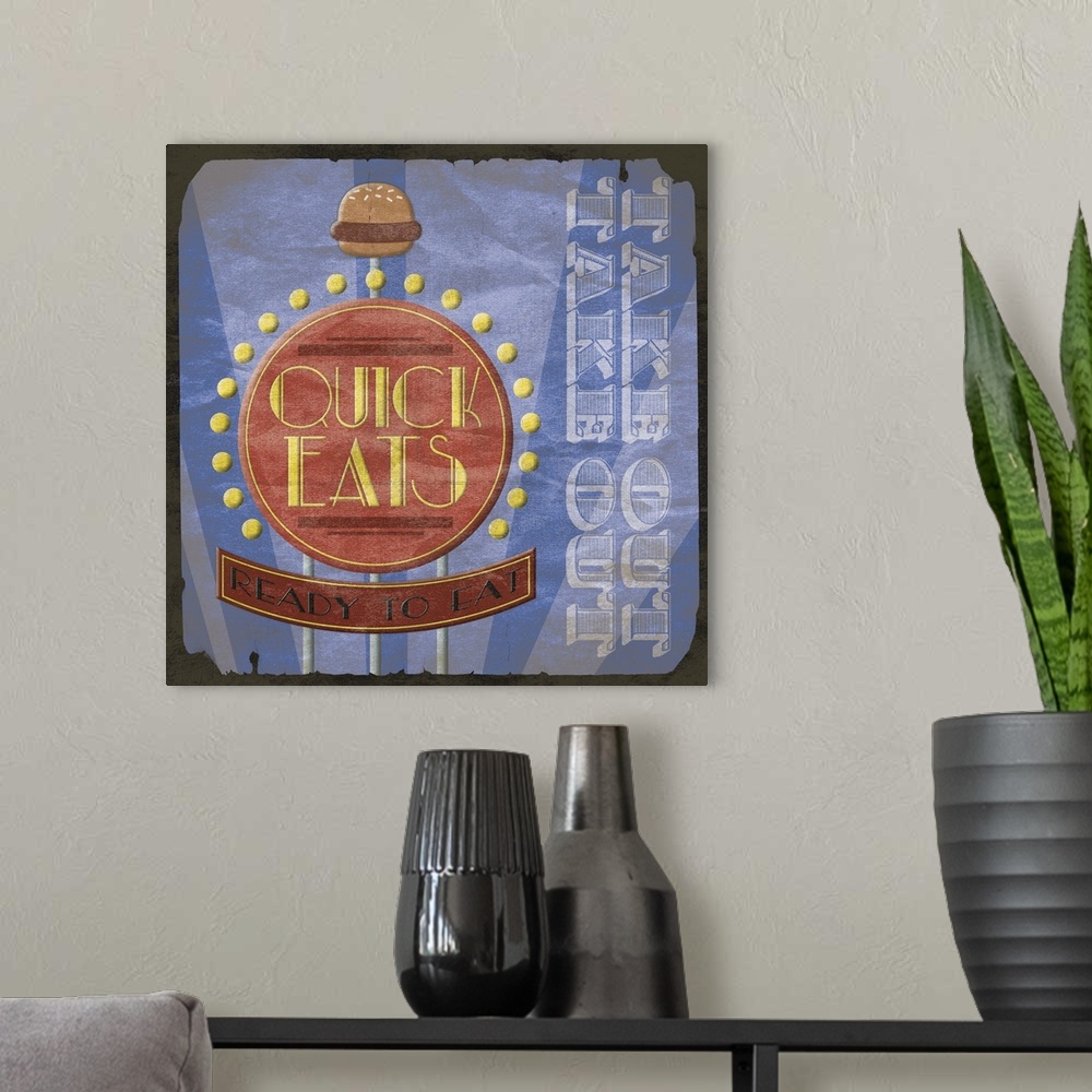 A modern room featuring Retro diner sign artwork, with a rustic faded border around the image.