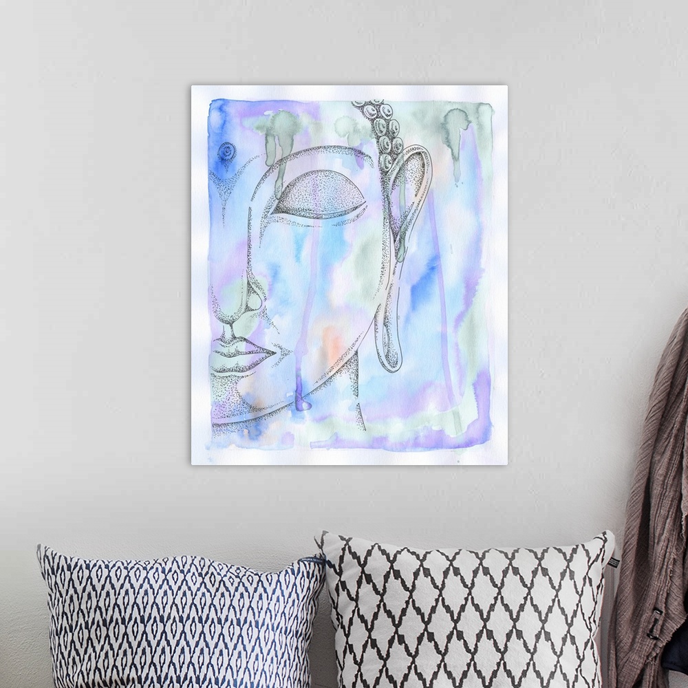 A bohemian room featuring Watercolor and ink painting of the face of Buddha.
