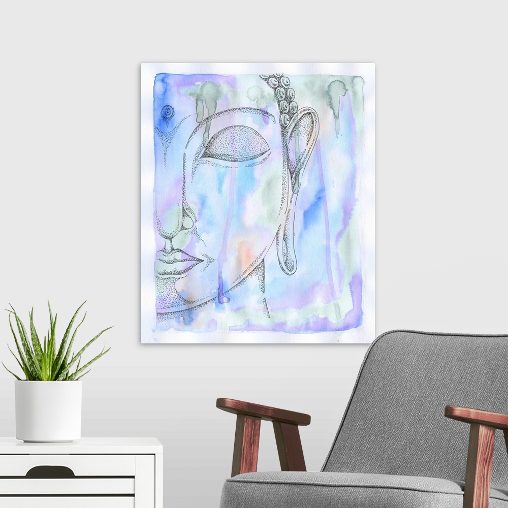 A modern room featuring Watercolor and ink painting of the face of Buddha.