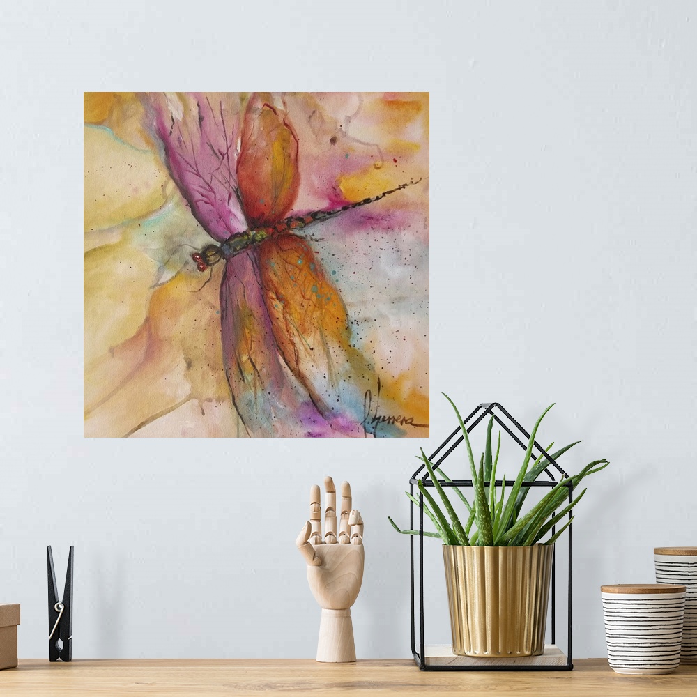 A bohemian room featuring Contemporary watercolor painting of a colorful dragonfly.
