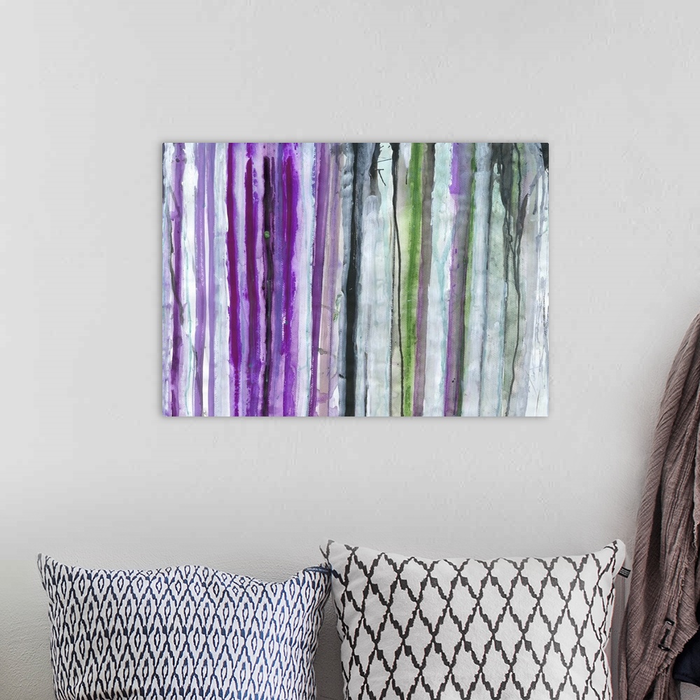 A bohemian room featuring Contemporary abstract artwork of vertical paint strokes in shades of purple and grey.