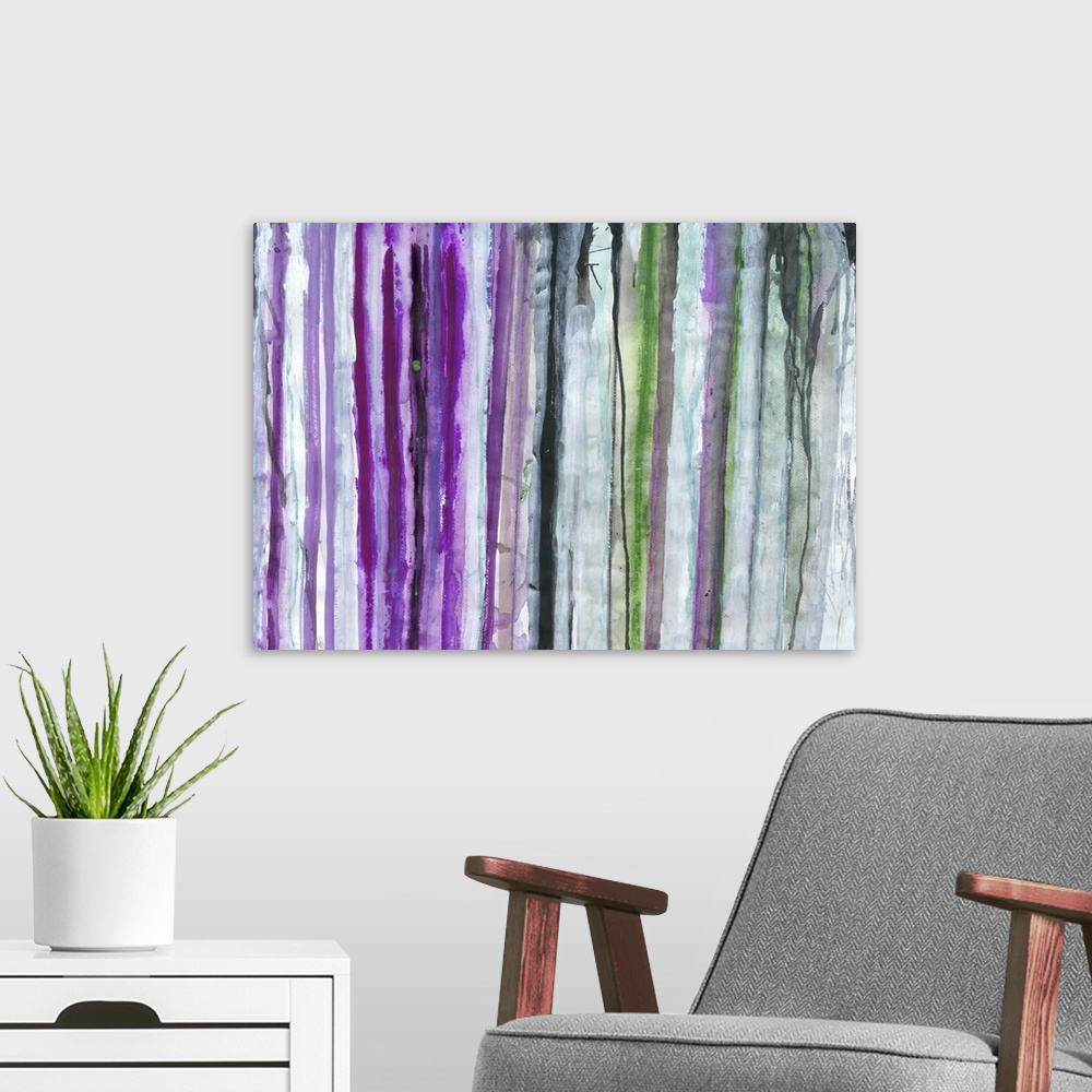 A modern room featuring Contemporary abstract artwork of vertical paint strokes in shades of purple and grey.