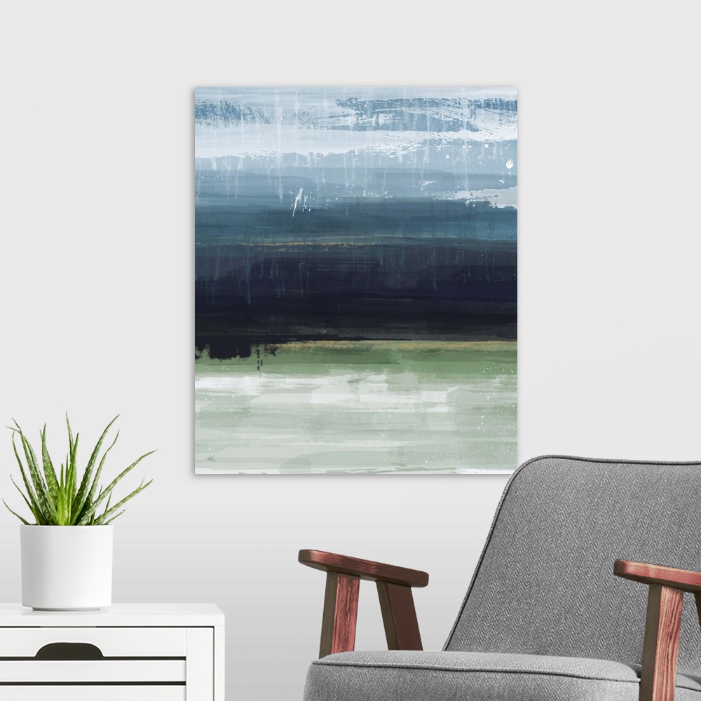 A modern room featuring Abstract contemporary painting with a gradient of two colors meeting near the middle of the canva...