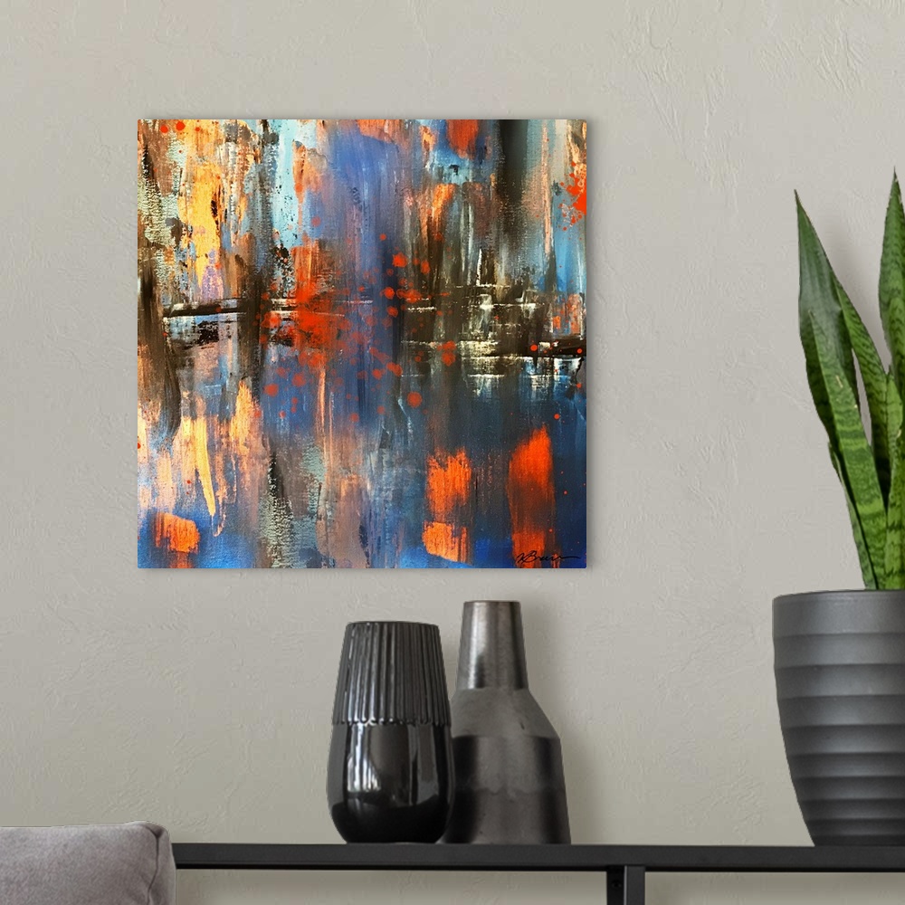 A modern room featuring Square contemporary abstract painting with blue, yellow, red, and black hues with a tiny bit of p...