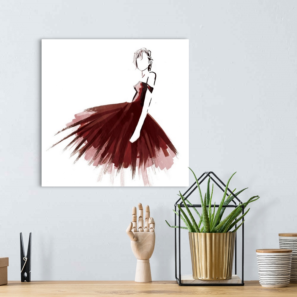 A bohemian room featuring Square illustration of a woman wearing a deep red dress.