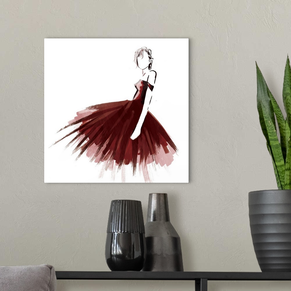 A modern room featuring Square illustration of a woman wearing a deep red dress.