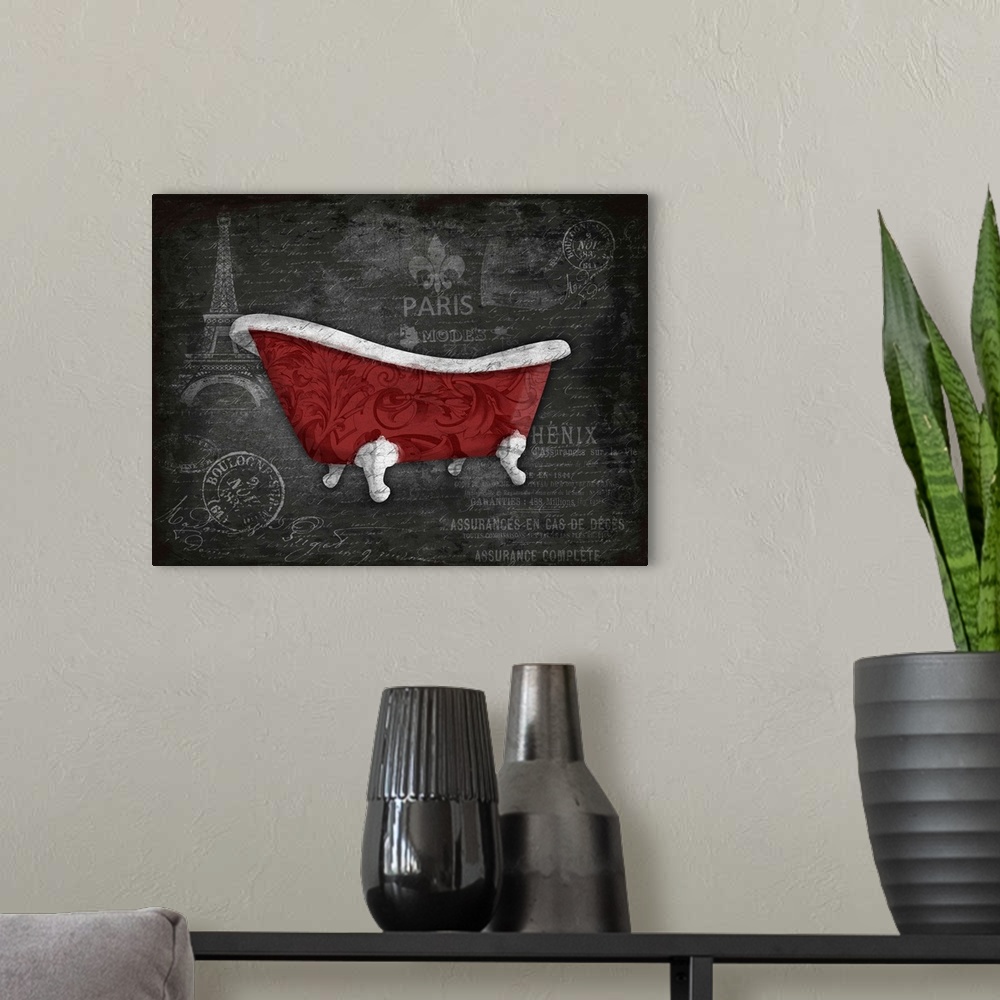 A modern room featuring Red cast iron claw foot bathtub against a postage style background with Eiffel Tower.