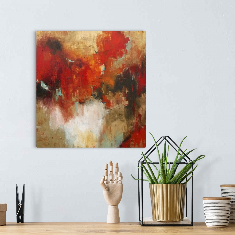 A bohemian room featuring Contemporary abstract painting using rich earth tones in brown and red.