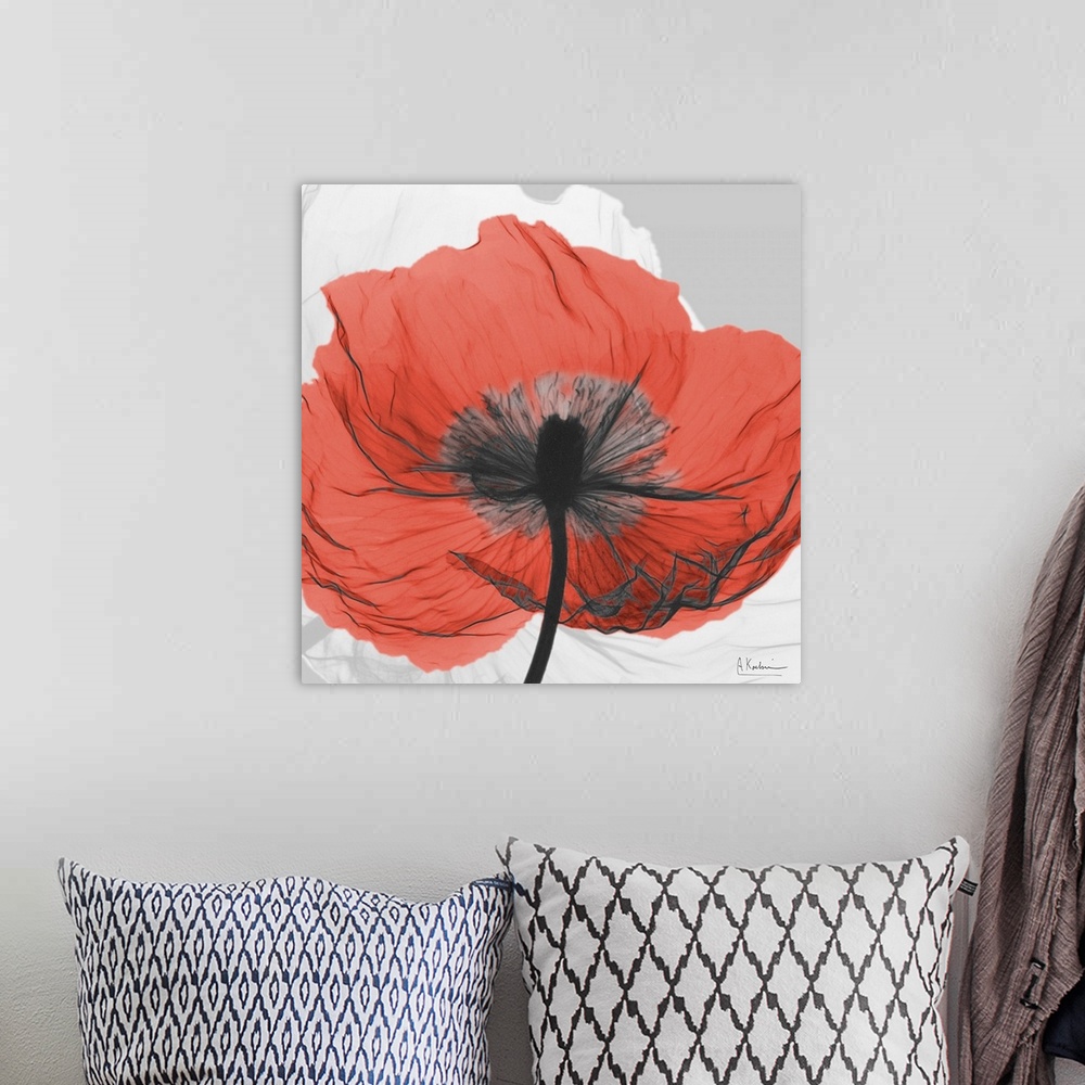 A bohemian room featuring Square artwork of a transparent flower standing out from a neutral background.