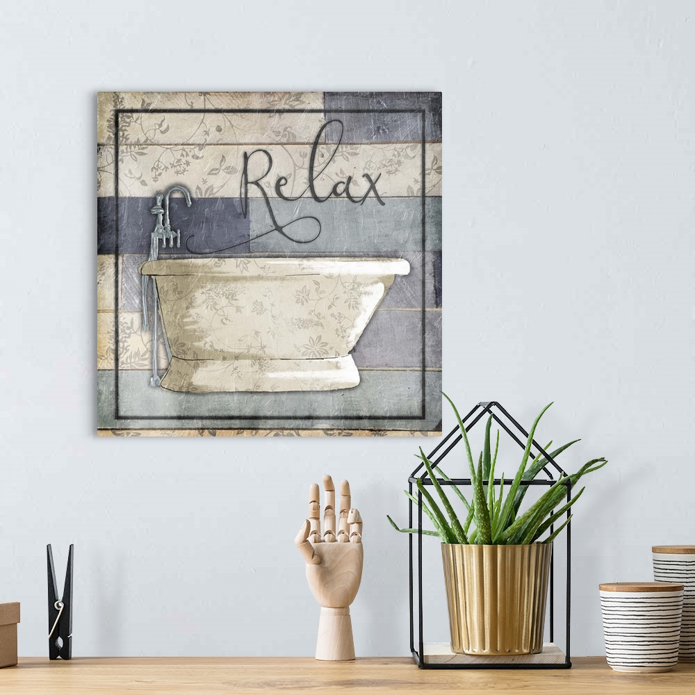 A bohemian room featuring A painting of a bathtub on a multi-color blue wooden panel background with a floral design and th...